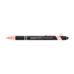 Stylo en aluminium recyclé avec détails rose gold, encre bleue couleur noir vue impression avec logo 2