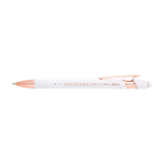 Stylo en aluminium recyclé avec détails rose gold, encre bleue couleur blanc vue impression avec logo 2