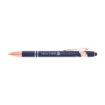 Stylo en aluminium recyclé avec détails rose gold, encre bleue couleur bleu marine vue impression avec logo 2