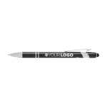 Stylo en aluminium recyclé avec pointeur tactile, encre bleue couleur noir troisième vue frontale