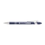 Stylo en aluminium recyclé avec pointeur tactile, encre bleue couleur bleu marine troisième vue frontale