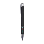 Stylo en aluminium recyclé avec finition laquée, encre bleue couleur noir deuxième vue impression tampographie