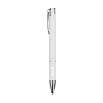 Stylo en aluminium recyclé avec finition laquée, encre bleue couleur blanc vue impression avec logo 2