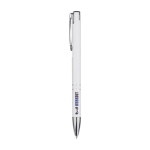 Stylo en aluminium recyclé avec finition laquée, encre bleue couleur blanc deuxième vue impression tampographie