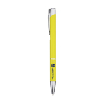 Stylo en aluminium recyclé avec finition laquée, encre bleue couleur jaune deuxième vue impression tampographie