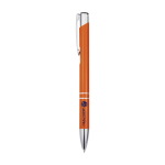 Stylo en aluminium recyclé avec finition laquée, encre bleue couleur orange deuxième vue impression tampographie