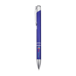 Stylo en aluminium recyclé avec finition laquée, encre bleue couleur bleu roi deuxième vue impression tampographie