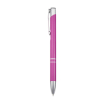 Stylo en aluminium recyclé avec finition laquée, encre bleue couleur fuchsia vue latérale