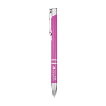 Stylo en aluminium recyclé avec finition laquée, encre bleue couleur fuchsia vue impression avec logo 2