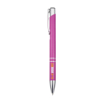 Stylo en aluminium recyclé avec finition laquée, encre bleue couleur fuchsia deuxième vue impression tampographie