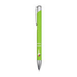Stylo en aluminium recyclé avec finition laquée, encre bleue couleur vert lime deuxième vue impression tampographie