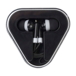 Écouteurs simples avec connecteur audio et étui triangulaire couleur noir deuxième vue frontale