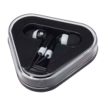 Écouteurs simples avec connecteur audio et étui triangulaire couleur noir