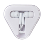 Écouteurs simples avec connecteur audio et étui triangulaire couleur blanc deuxième vue frontale