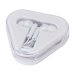 Écouteurs simples avec connecteur audio et étui triangulaire couleur blanc