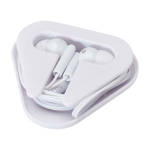 Écouteurs simples avec connecteur audio et étui triangulaire couleur blanc deuxième vue