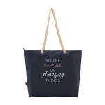 Sac de plage en polyester recyclé avec anses en cordon 23L couleur bleu marine vue arrière avec logo