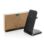 Chargeur sans fil 3 en 1 en aluminium recyclable 15W couleur noir vue avec boîte