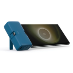 Powerbank en plastique recyclé avec indicateur de charge et 20W couleur bleu troisième vue