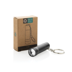 Porte-clés lampe torche en aluminium recyclé avec LED 15 lumens couleur noir vue avec boîte