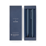 Set de stylos en aluminium recyclé avec revêtement en caoutchouc couleur bleu marine vue avec boîte