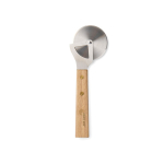 Coupe-pizza en acier inoxydable avec manche en bois couleur marron vue avec logo