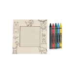 Cadre photo en bois avec dessins d’animaux à colorier et des crayons couleur naturel première vue