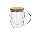 Mug à anse en verre double paroi avec couvercle en bambou 300 ml