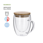 Mug à anse en verre double paroi avec couvercle en bambou 300 ml