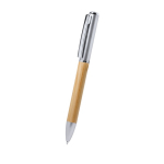 Stylo en bambou avec lampe torche LED sur le dessus, encre bleue couleur argenté première vue