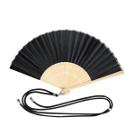 Éventail en polyester et bambou avec cordon assorti pour le transport couleur noir première vue