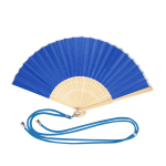 Éventail en polyester et bambou avec cordon assorti pour le transport couleur bleu première vue