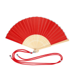 Éventail en polyester et bambou avec cordon assorti pour le transport couleur rouge première vue