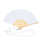 Éventail en polyester et bambou avec cordon assorti pour le transport couleur blanc première vue