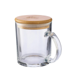 Tasses personnalisées en verre recyclé avec couvercle en bambou 300ml couleur transparent avec zone d'impression