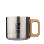 Mug double paroi en acier inoxydable recyclé à anse en bambou 400ml couleur argenté avec zone d'impression