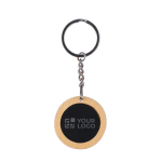 Porte-clés de forme ronde en bambou avec surface noire couleur noir avec zone d'impression