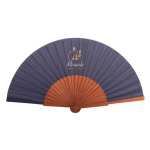 Eventail élégant en bois foncé et tissu en polyester couleur bleu troisième vue