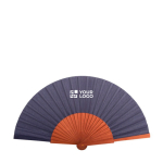 Eventail élégant en bois foncé et tissu en polyester couleur bleu avec zone d'impression