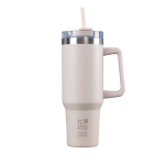 Gourde en inox recyclé avec paille et anse de transport 1,18 L couleur beige avec zone d'impression