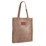 Sac en papier de jute avec poignées et écusson en cuir couleur marron deuxième vue
