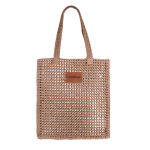 Sac en papier de jute avec poignées et écusson en cuir couleur marron troisième vue