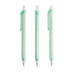 Stylo triangulaire en plastique détails transparents à encre bleue couleur vert menthe vue du logo imprimé