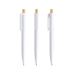 Stylo en plastique recyclé avec bouton en bambou à encre bleue couleur blanc