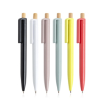 Stylo en plastique recyclé avec bouton en bambou à encre bleue vue plusieurs couleurs