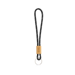 Porte-clés style tubulaire en polyester avec attache en bambou couleur noir vue du logo imprimé