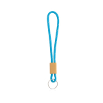 Porte-clés style tubulaire en polyester avec attache en bambou couleur turquoise
