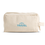 Trousse en toile canvas avec double compartiment et anse incluse couleur beige vue du logo imprimé