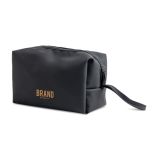 Trousse en cuir synthétique avec poche principale zippée couleur noir vue du logo imprimé