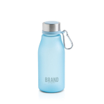 Gourde en plastique recyclé finition mate avec mousqueton, 350 ml couleur turquoise vue du logo imprimé
